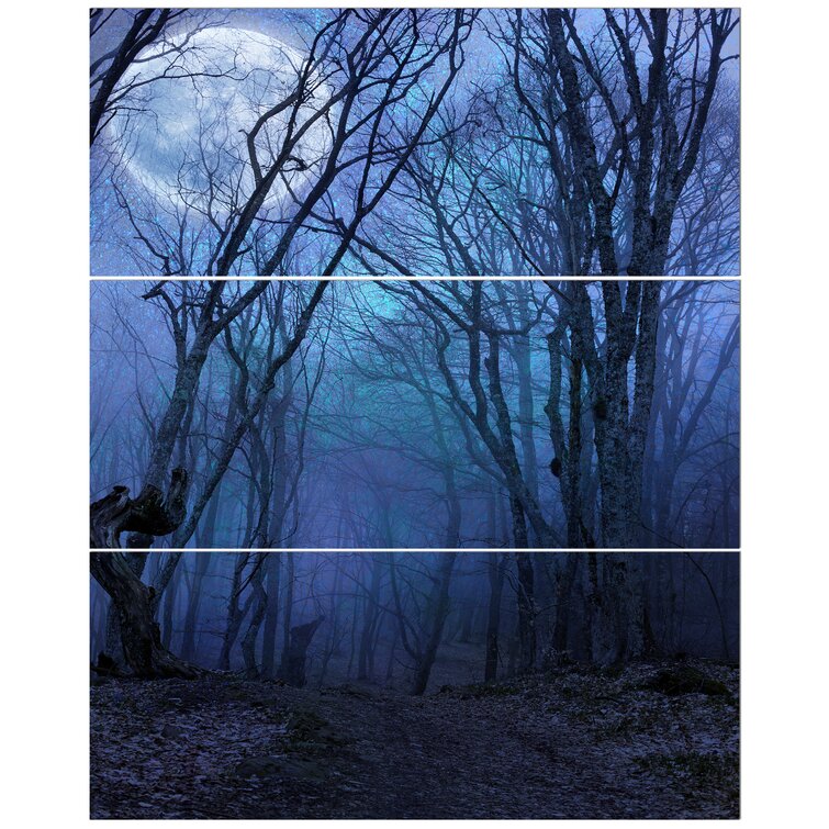 Dark Night Forest in Full Moon Oil Painting Print Multi Piece Image on Wrapped Canvas